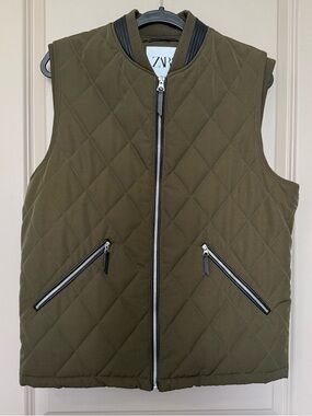 Zara Olive Green Quilted Puffer Vest Repreve Thermal Insulation Medium